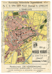 212048 Plattegrond van de stad Utrecht, met weergave van het stratenplan met een aantal straatnamen, belangrijke ...